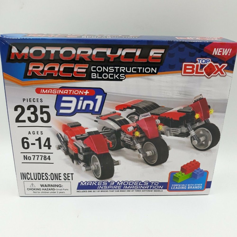 Top Blox Motorcycle Race Construction Blocks 3 Vehicles 235 Pc 3 In 1 ages 6-14